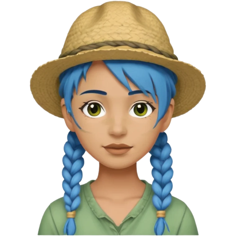 messy green full face clay mask and tourist hat blue hair braid emoji