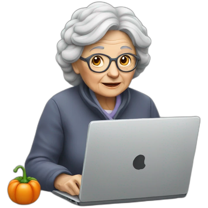 Old woman sitting with a Grey laptop and a vegetable emoji