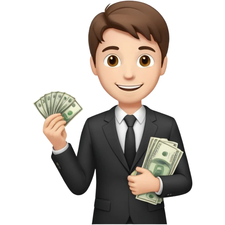 white male in a suit with money in his hand, smiling expression, happy face, brown hair emoji