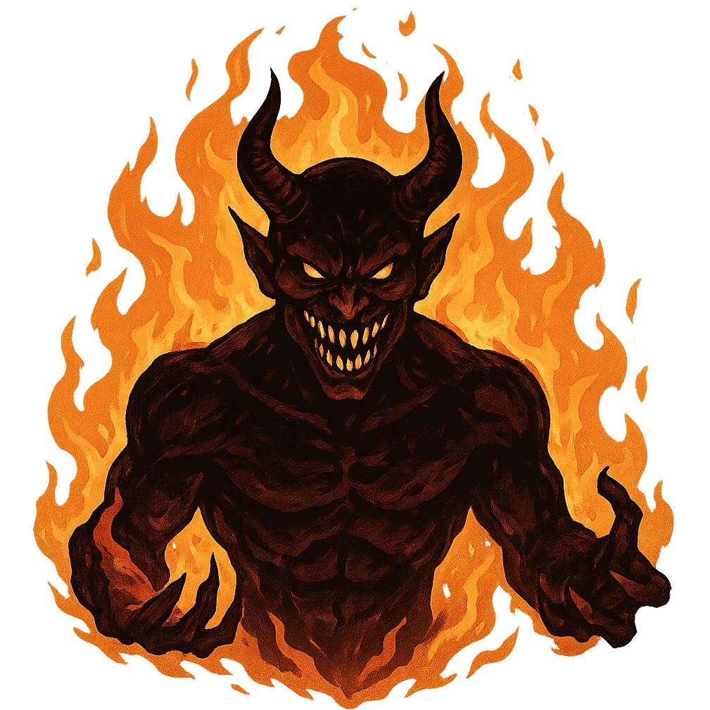 evil demon with flaming aura, jagged teeth, sinister expression emoji