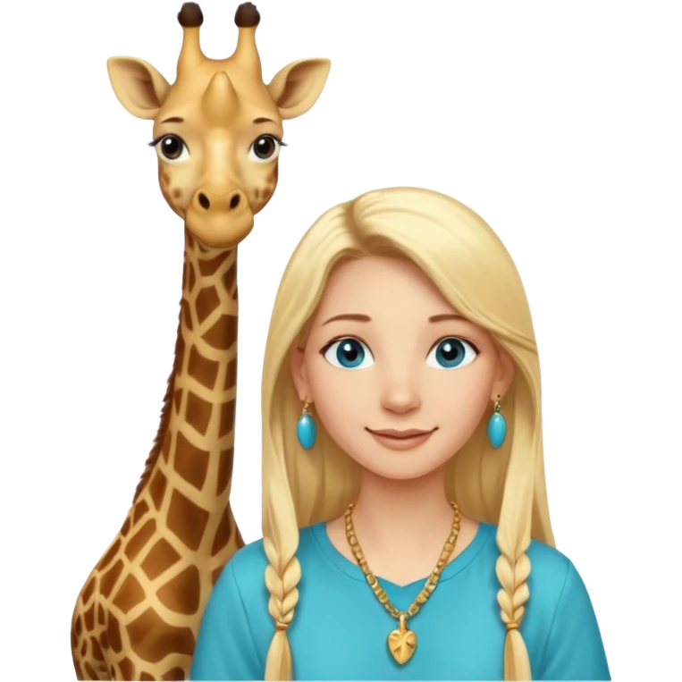 Swedish girl blonde long straigt hair blue eyes turqoise shirt gold earings, girrafe necklace gold small, very long lashes smiling closed mouth,  emoji