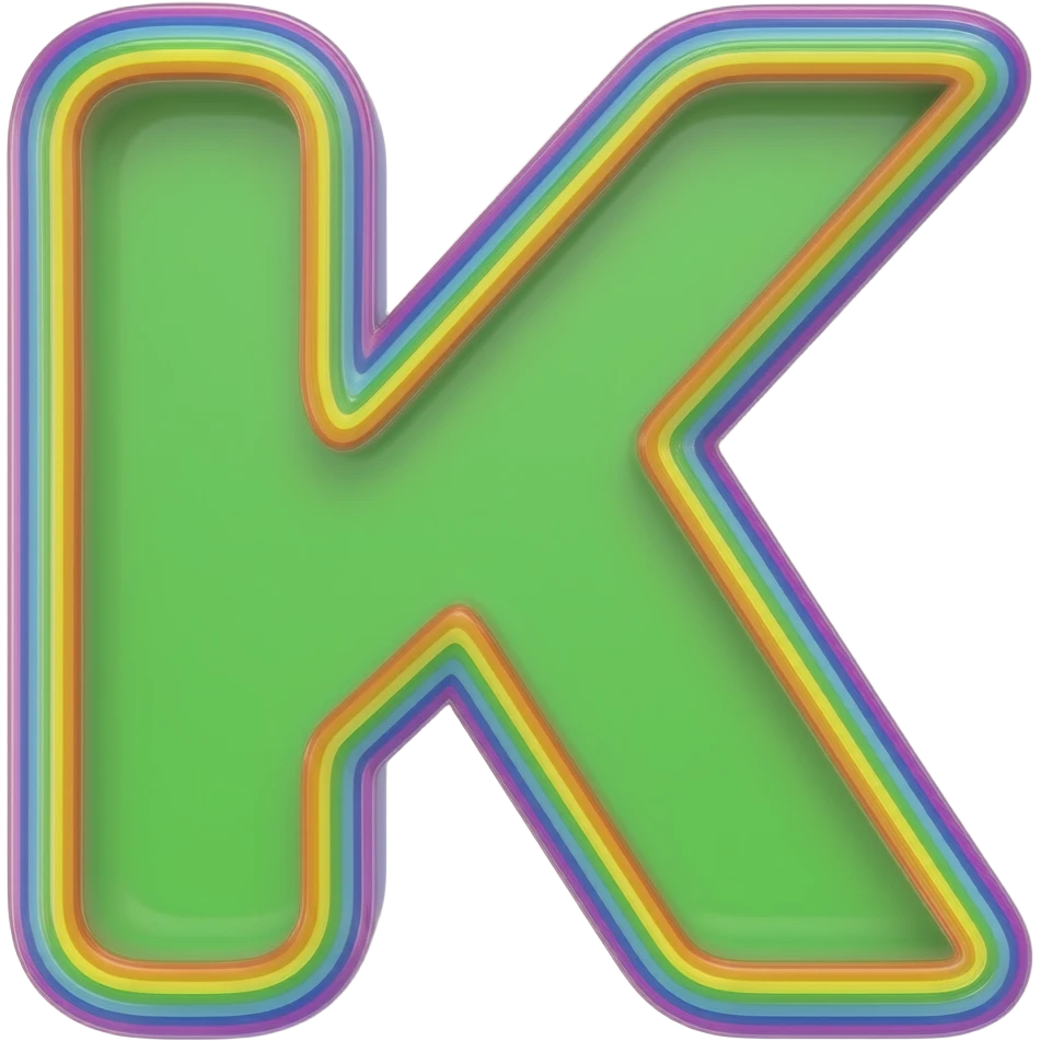 name "K" in neon green, 3D style typography lettering, each color of the rainbow as a border outlined around each letter, isolated, 3d rendering, no emoji icons no emoji faces and must have no human figures emoji