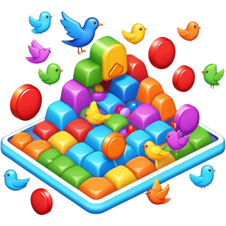 An icon representing a casual game, inspired by titles like Candy Crush. The design features colorful puzzle pieces, bouncing birds, and characters running through dynamic landscapes. Vibrant HUD elements like scores and power-ups highlight the playful. Transparent background emoji