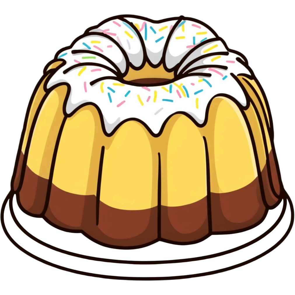 vanilla bundt cake with chocolate frosting and white sprinkles emoji