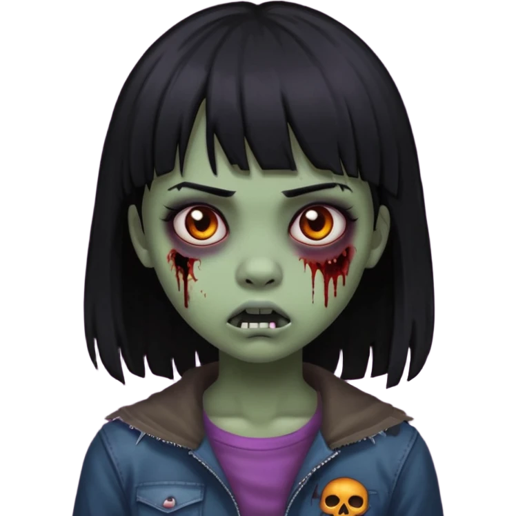 girl, zombie, black hair, medium long, emo, bangs, dark, spooky, creepy expression emoji