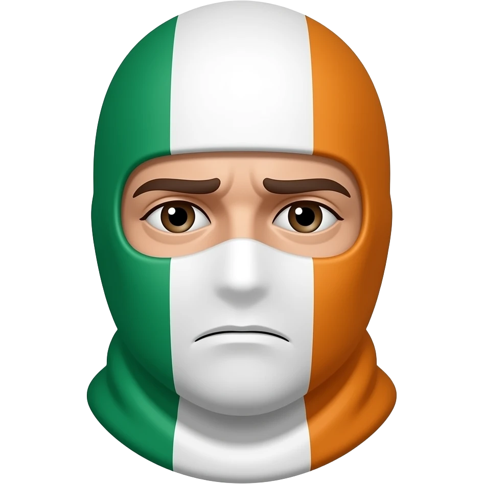 A crying emoji wearing an Irish tricolour  balaclava emoji