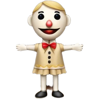 Icon for Puppet Theater: a puppet on strings with theatrical curtains in the background, along with a small stage and dramatic lighting. The icon should represent the whimsical and artistic nature of puppet performance. Transparent background. emoji