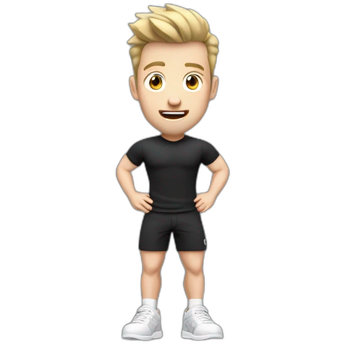 amazed Open with surprise mouth Pale skinned Fit Man With the biceps and dark brown hair in black shirt, gray sports shorts and white Sneakers emoji