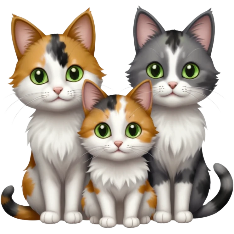 3 different coloured small cats including a dark grey and white, and a patchy calico with hazel eyes and a completely solid dark grey with green eyes and only white paws emoji