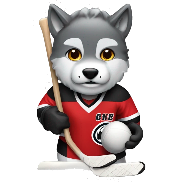 A wolf hockey player in a white red and black uniform holds a puck emoji