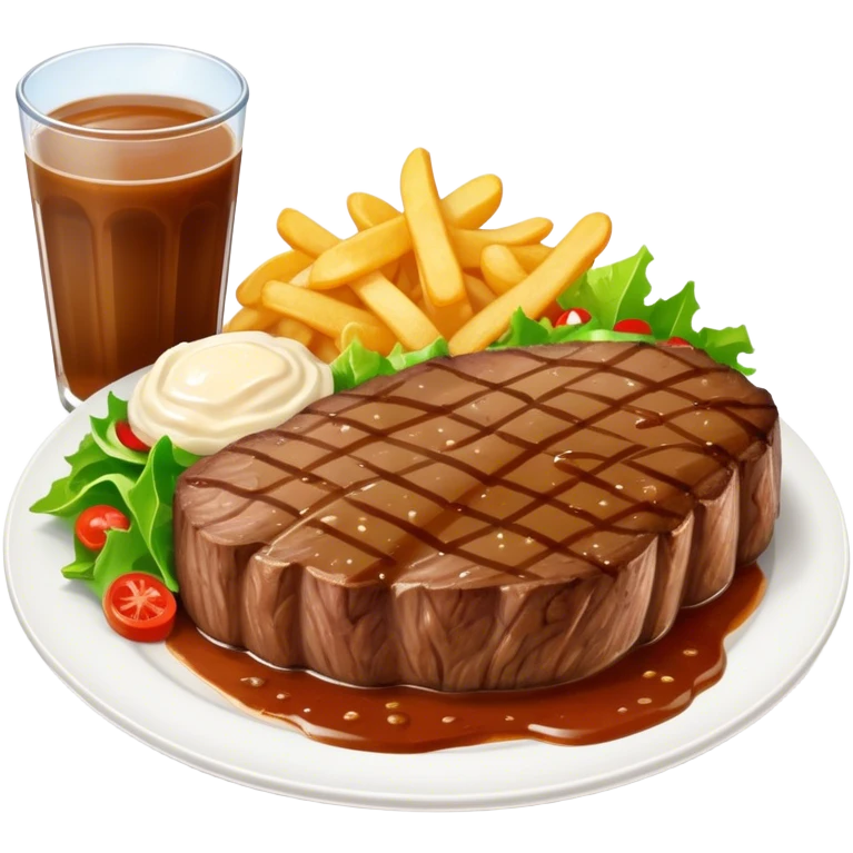 big juicy australian steak meal featuring chips, small salad in a ramiken and gravy  emoji