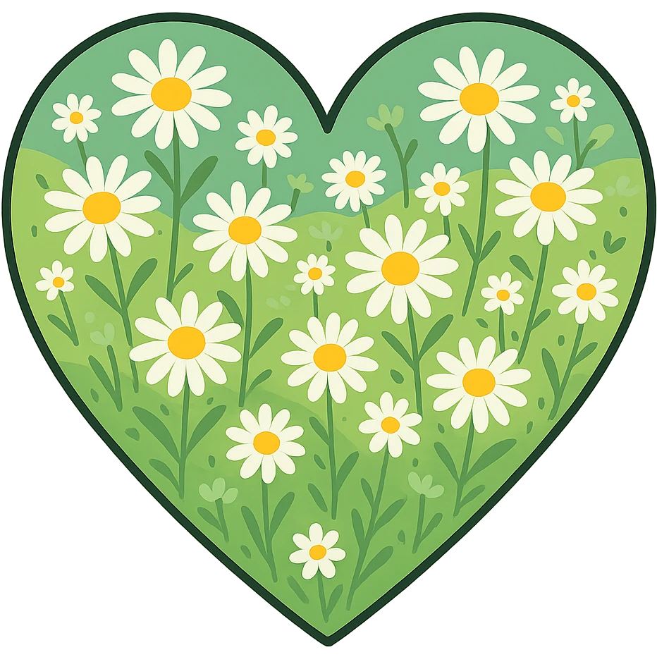 heart with a field of daisies, clean digital illustration emoji