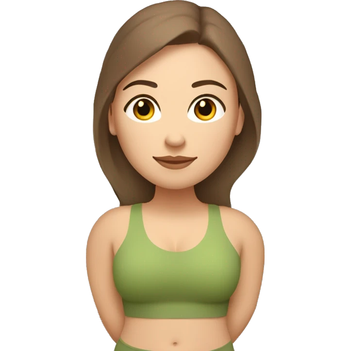A plus size woman in yoga warrior pose. She has light skin, brown straight hair, and brown eyes.  emoji