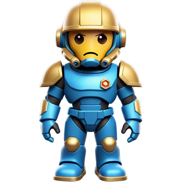 Clash of Clans aesthetic: Cinematic Playful Terran Marine Hero Emoji, rendered in a 3D vector-style similar to standard emojis with minimal shading and bold, simplified shapes. A compact, heroic isometric figure clad in futuristic power armor with signature energy accents, softly glowing with a cosmic battle charm. Simplified yet unmistakably iconic, highly detailed and consistent, glowing with a soft radiant shine and high gloss. Stylized with a touch of interstellar valor and a soft glowing outline, capturing the essence of an elite space warrior with a friendly, playful manner! emoji