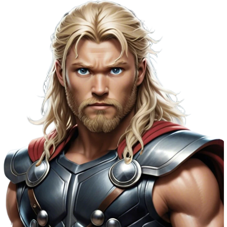 Cinematic Realistic Thor Portrait, depicted with lifelike skin texture and a commanding, muscular build that radiates divine strength. His piercing eyes, framed by rugged, flowing hair and a well-groomed beard, exude both determination and amiable authority. Clad in his signature armor with subtle hints of mystical lightning, the portrait is rendered in dynamic natural lighting with a radiant, heroic glow. emoji