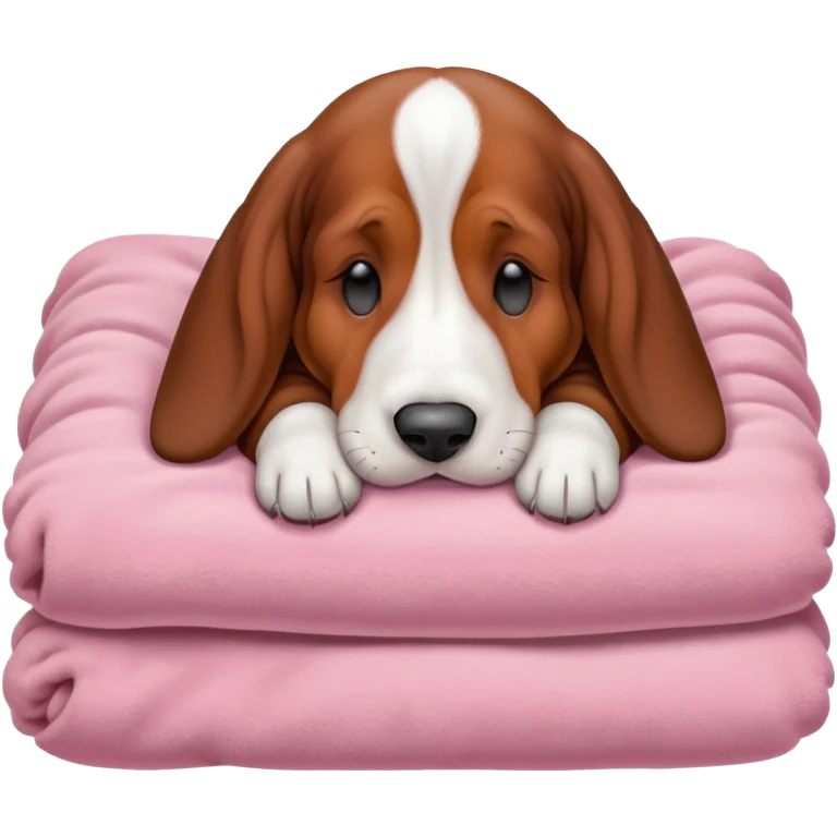 A baby basset hound sleeping on a baby pink blancket emoji