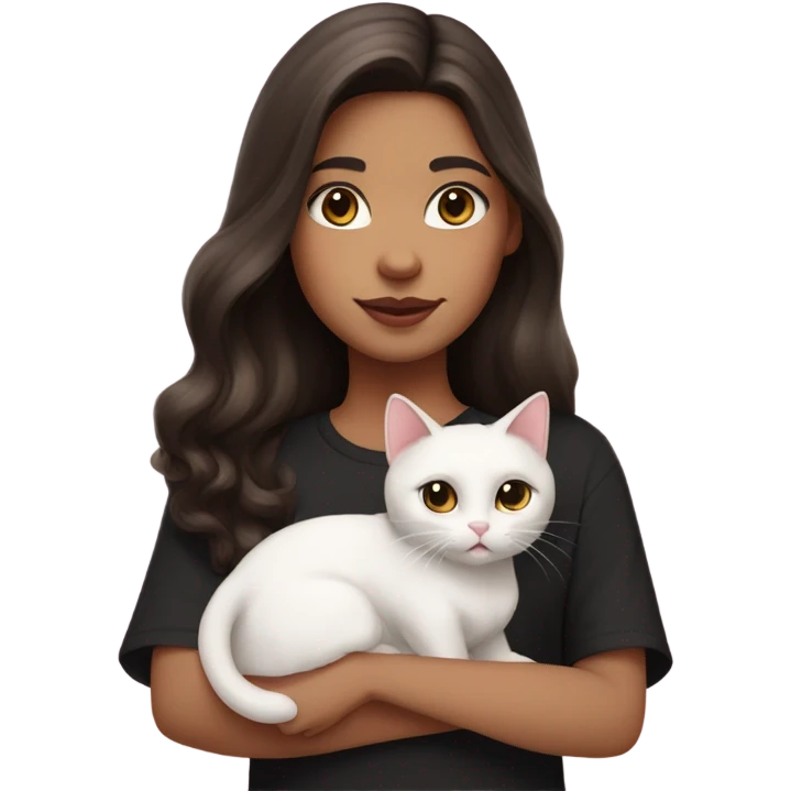 Girl with long dark brown hair hazel eyes and pink lips wearing cute black shirt bringing a white cat and a calico cat emoji