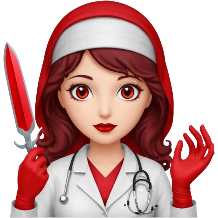 Lilith scalpel in hand, evil surgeon outfit.  She has red eyes. She has dark brown curly hair. Hair is long . Wears sexy doctor outfit with red gloves. Clears, mouth with Muslim red burka emoji