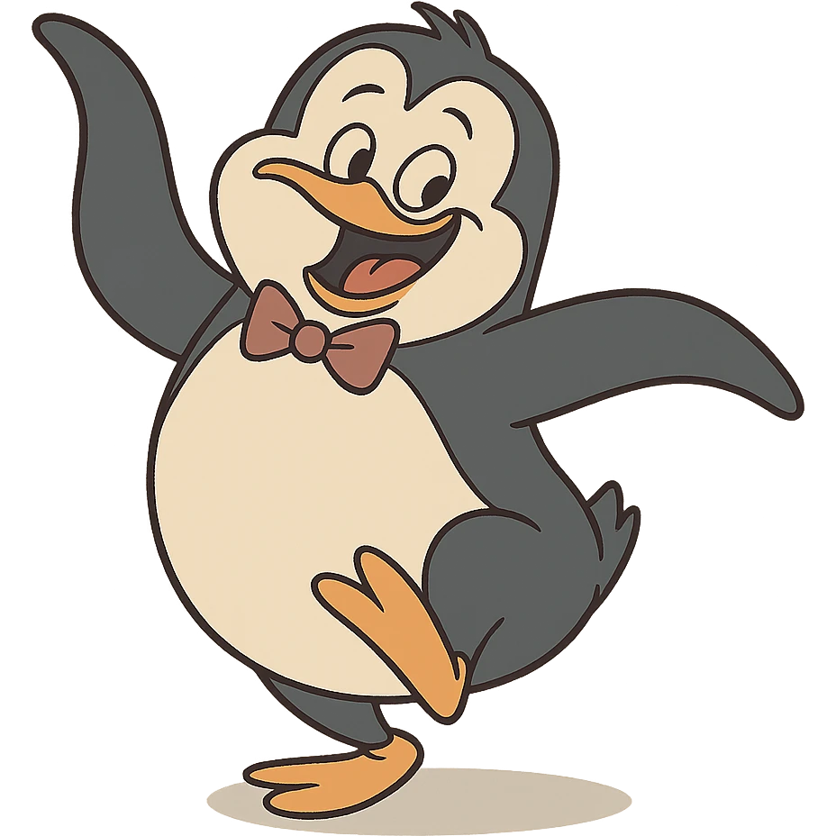 a penguin doing a silly dance with a bowtie, cartoon style emoji