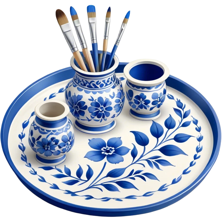 Gzhel-style metal painting icon, hand-painted Gzhel-style metal tray with intricate blue and white floral patterns, visible paintbrush and paint pots, metal surface in the process of being painted, no finished artwork, just the painting process, minimalistic style, clean lines, transparent background. emoji