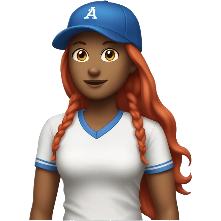 front facing, standing female coach with long red hair, wearing a white t-shirt and a simple blue baseball hat emoji