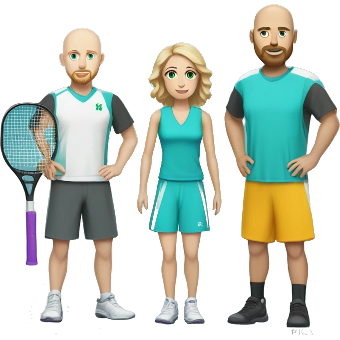 White couple, 35 yro, in pickleball clothes. Male bald= aqua eyes, beard, white, bald, and aqua eyes. Female = long light brown hair, aqua eyes.  emoji