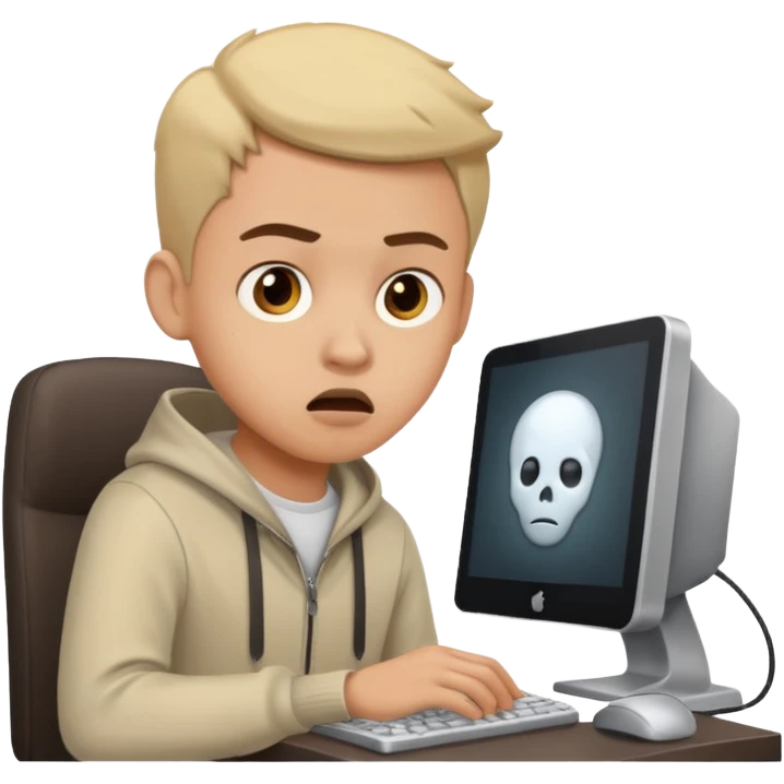 young programmer working at the computer, scared emoji