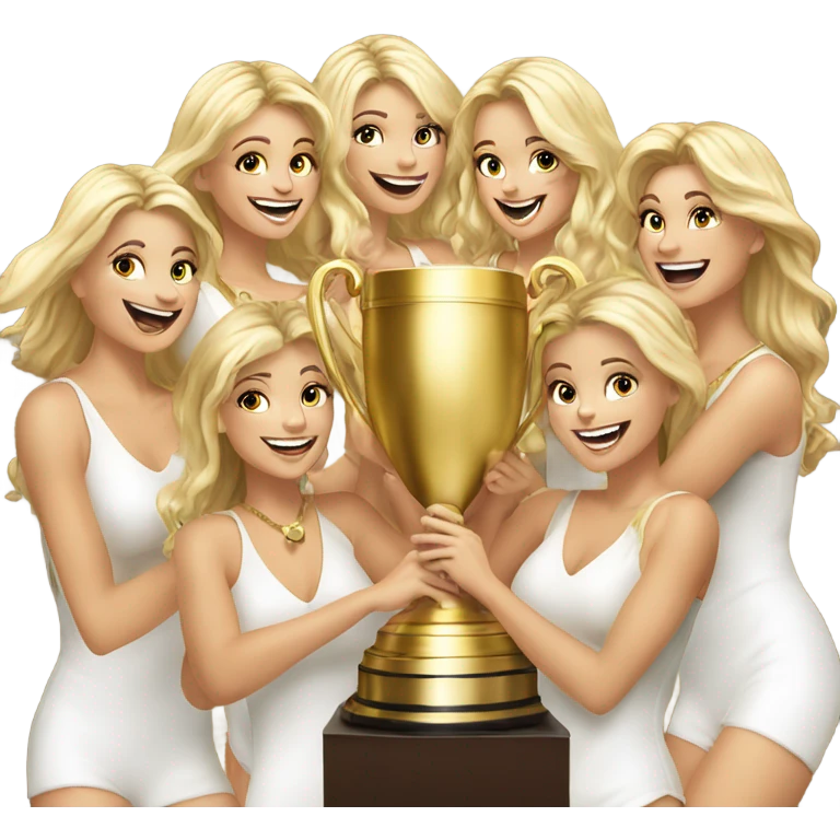 8 beautiful blonde women celebrating with a huge gold trophy emoji