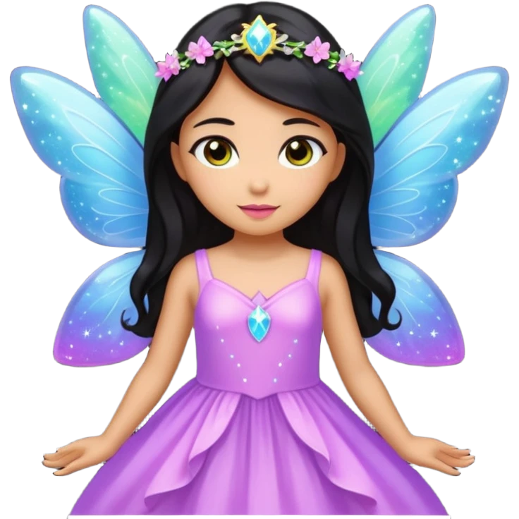 Earthreal sparkly angelic mystical magical shiny pretty Fairy. Dark Brown eyes. Caramel skin. Long black hair. White, hot pink and light blue and lavender and light green and light yellow  emoji
