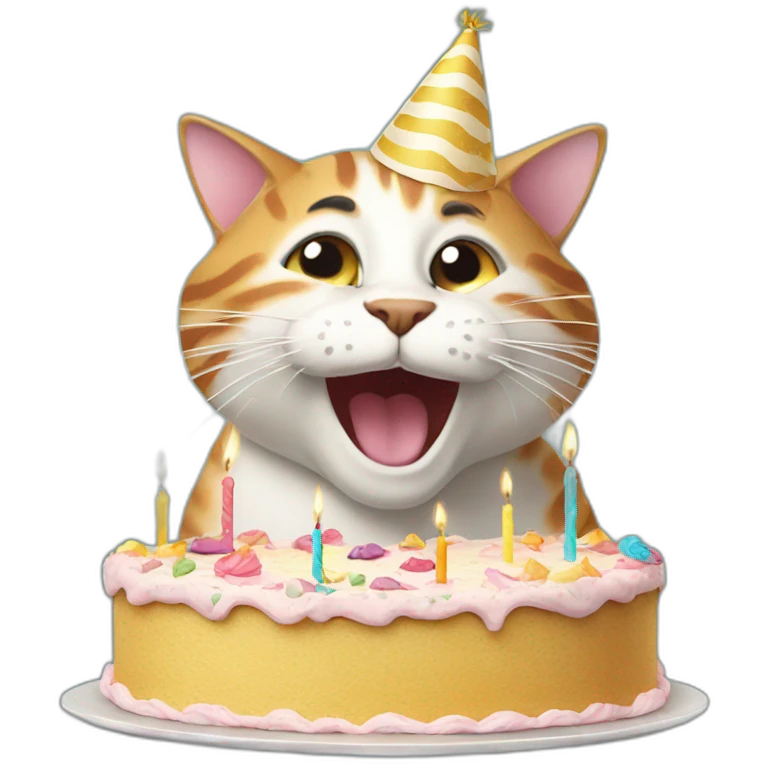 happy cat with party hat blowing out candles on a cake emoji