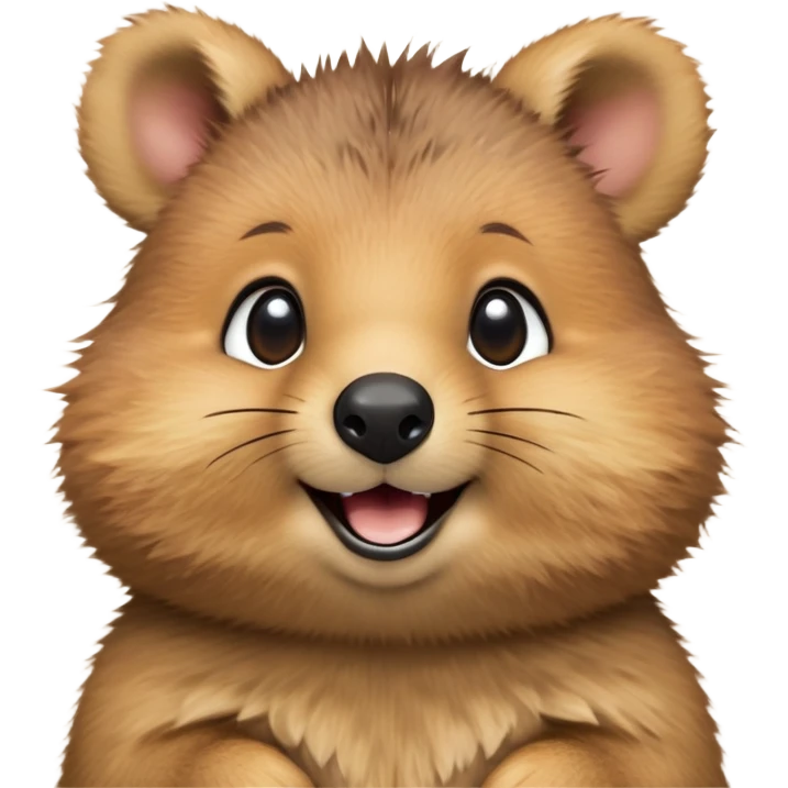 cinematic-realistic quokka-emoji,-small-round-frame, head tilted in an endearing manner, comical smile, round cheeks, giant-fluffy-cheeks-large-smile-fluffy-brown-fur-radiating-a-warm-softness,-big-round-eyes-filled-with-joy, realistic round  fluffy zoomed in, large black eyes one paw raised in the air emoji