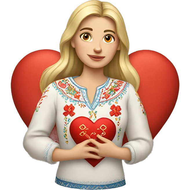 A Ukrainian woman in an embroidered shirt holds a heart in her hands emoji