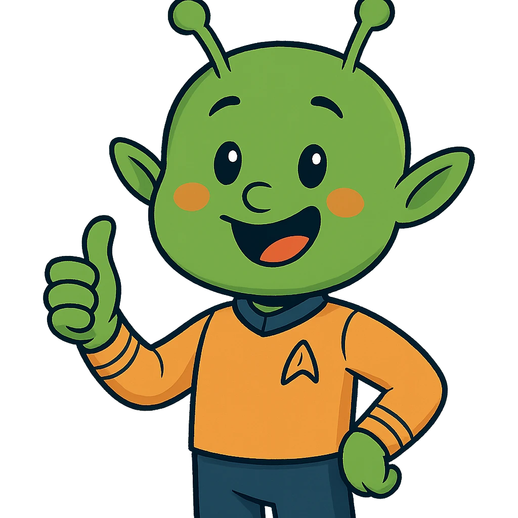 cheerful alien giving thumbs up in a crew uniform, cartoon style, inspired by the reference image's color palette and head shape emoji