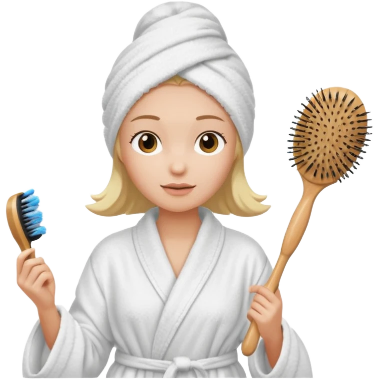 Women wearing shower robe an their hair with towel holding a brush emoji