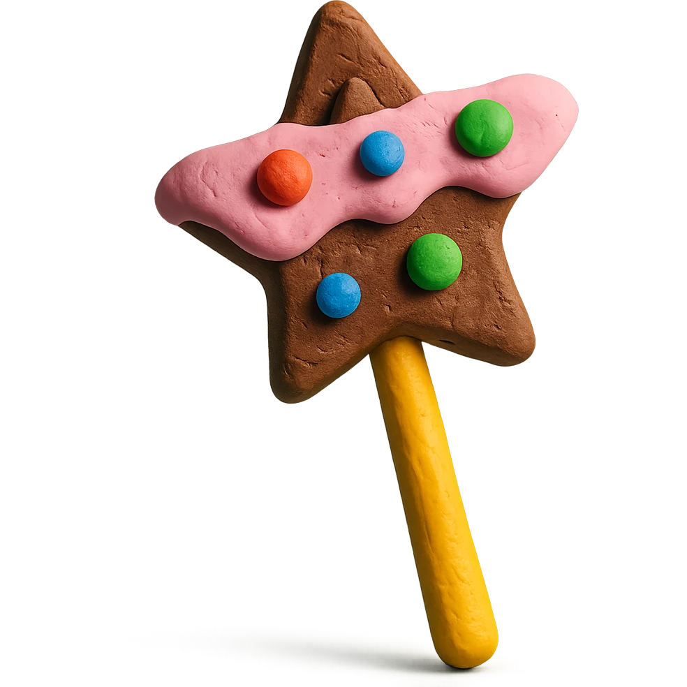 claymation style magic wand with thick frosting, playful emoji