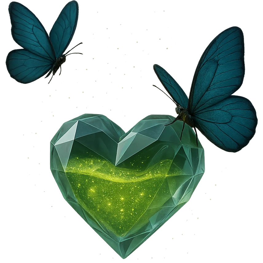 Remove the crown completely. Transform the bottle into a beautiful, faceted diamond heart shape with a luxurious, realistic 3D look. Fill the inside with swirling, glittery liquid in the exact color #c0ff53, with a magical, glowing effect. Change the butterfly composition: place one butterfly gently on the side of the bottle and the other flying nearby, both elegant and natural. Add magical sparkling dust around the bottle. Keep the background fully transparent. emoji