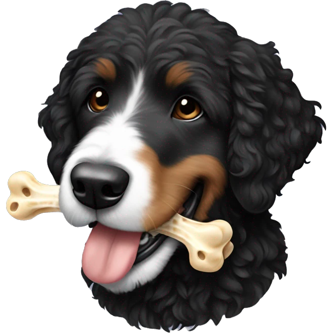 All black Bernedoodle carrying bone in mouth  emoji