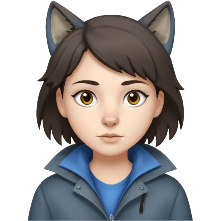 Hobo tomboy with dark brown hair in a wolf cut style, brown eyes, dirty dark grey coat, blue-grey shirt. emoji