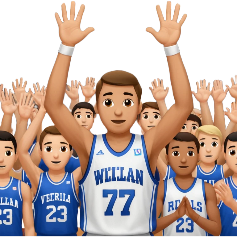 Maverick Trevillian in the crowd at an amateur basketball game. He leans towards the camera and enthusiastically shouts "six seven while performing a distinctive hand gesture: both hands open, palms facing upward, moving up and down as if weighing two options. emoji