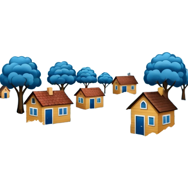 showing a flood disaster scene with powerful blue water waves overflowing around small houses and trees, dark cloudy sky, heavy rain falling, dramatic yet simple design emoji
