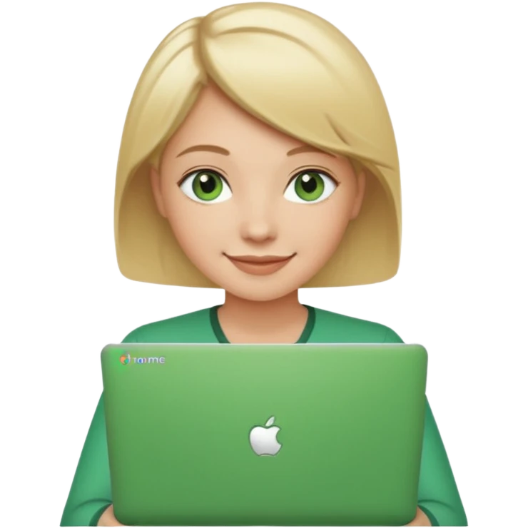 short blonde hair teacher green eyes woman happy holding chromebook emoji