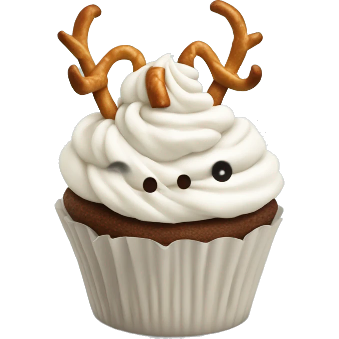 Cupcake with white frosting and with pretzel antlers at the top emoji