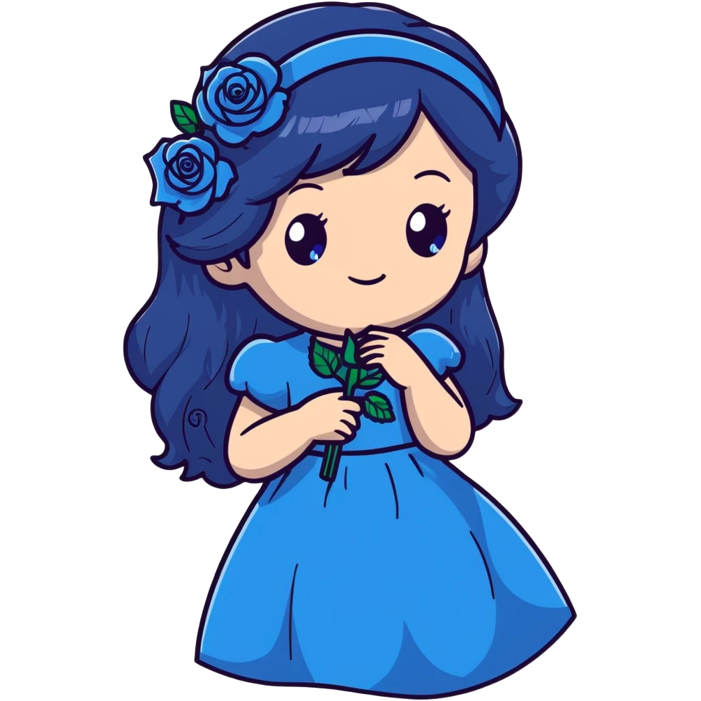 anime style girl with long dark blue hair, blue rose hair accessory, bright blue eyes, black dress, friendly smile emoji