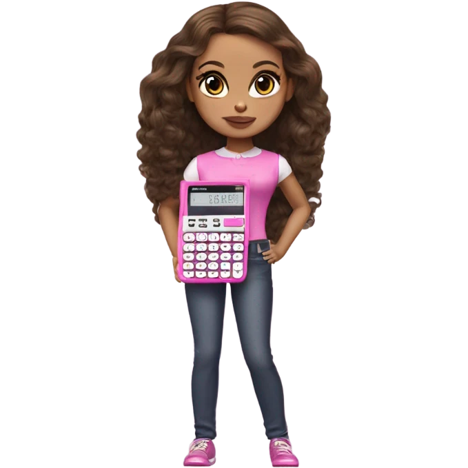 Hyper realistic bratz doll brunette with small pink calculator emoji
