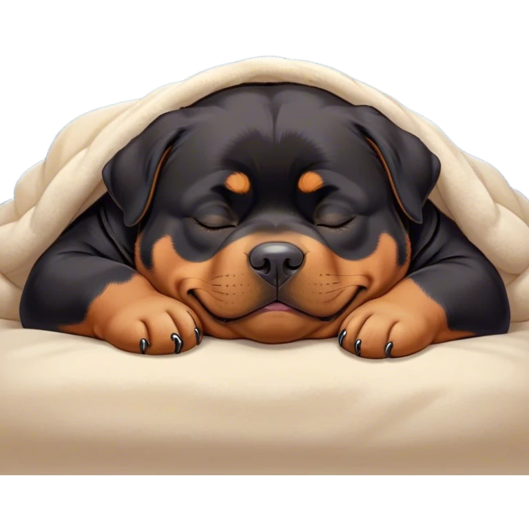 Cinematic Chubby Sleeping Rottweiler Portrait Emoji, Chubby and serene, with a robust, adorable build and a soft, plush black fur with tan markings, eyes gently closed in peaceful slumber, Simplified yet irresistibly endearing features, highly detailed, glowing with a gentle, dreamy glow, high shine, relaxed and content, stylized with a touch of whimsy, bright and heartwarming, soft glowing outline, capturing the essence of a blissfully sleepy guardian, so comically serene it feels like it could roll out of the screen and snore with adorable charm! emoji
