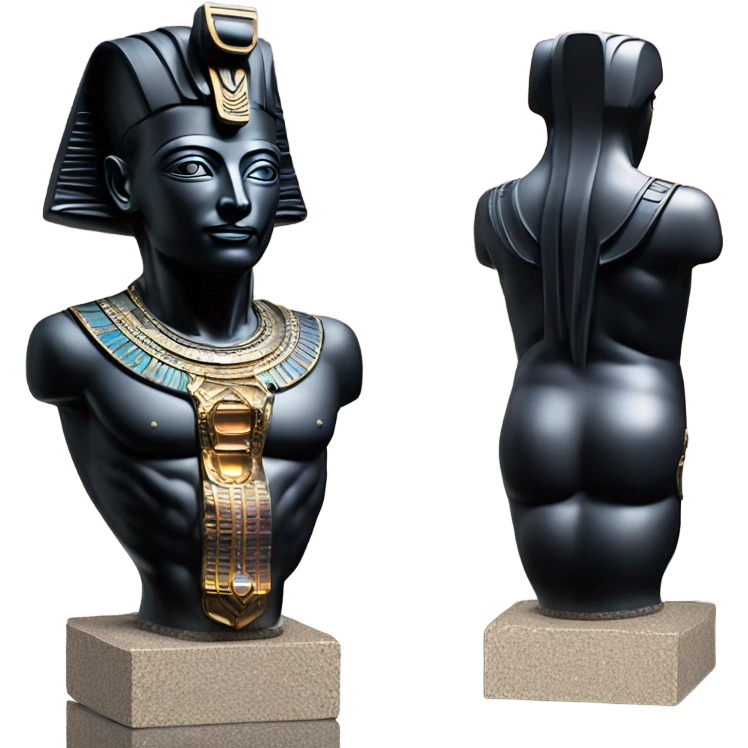 Osiris obsidian statue on granite 30 ton brick, massive size, sunlight behind, sunset colors, reflections on black stone polished clean perfect, photography angles emoji