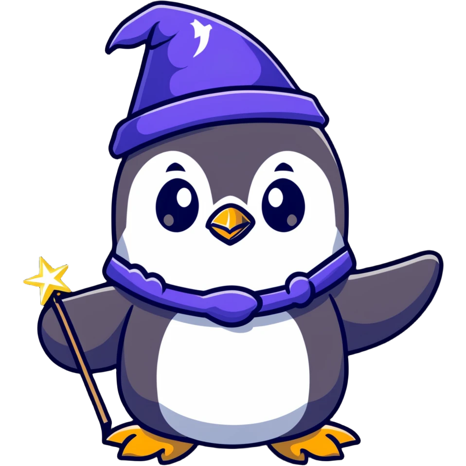 Cute penguin wizard casting a spell with sparkles emoji