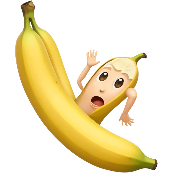 Design an emoji of a banana 🍌 slipping on its own peel, mid-air, shocked face. emoji