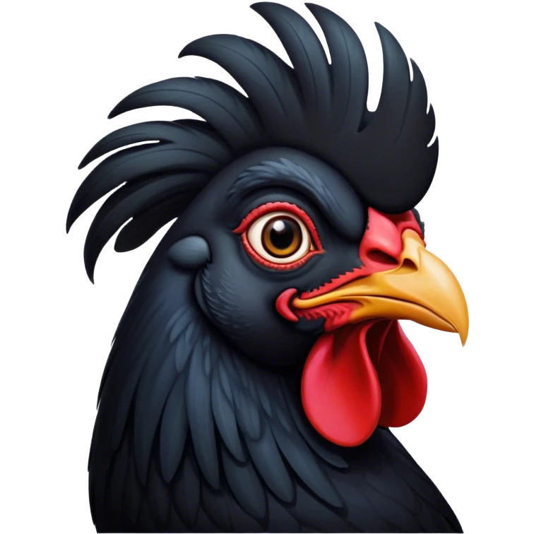 Cinematic Noble Black Rooster Portrait Emoji, Poised and regal, with a robust, commanding build and a sleek, well-groomed pure black plumage, deep-set soulful piercing eyes, Simplified yet sharp and sophisticated features, highly detailed, glowing with a soft, dignified glow, high shine, intelligent and proud, stylized with an air of mysterious majesty, focused and attentive, soft glowing outline, capturing the essence of a watchful and confident leader, so majestic it feels as though it could crow out of the screen with effortless authority! emoji