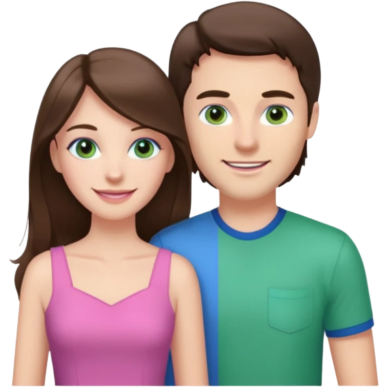 “A pink Polaroid-style photo of a couple: a white woman with long brunette hair and blue eyes, and a white man with short brunette hair and green eyes.” emoji